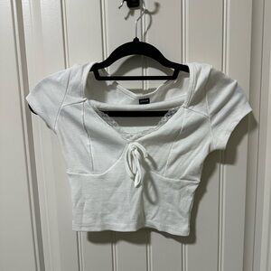 SHEIN Ivory Ribbed Crop Top with Lace Detail